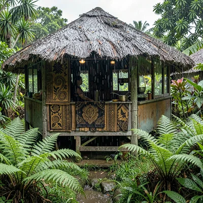 Open-air fale life in Samoa after rain, Lush green ferns unfurling after rain in