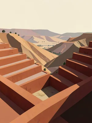 Descending copper-red farming terraces drop toward a dry valley floor under a cr