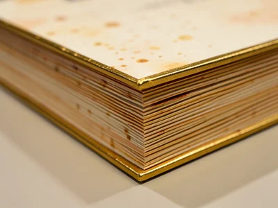 Gilt book edge, gold leaf applied to page edges creating solid metallic surface 
