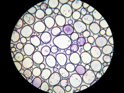 A sandstone thin section with rounded quartz grains in optical contact, showing 