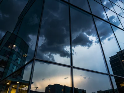 Building reflecting approaching storm dramatic