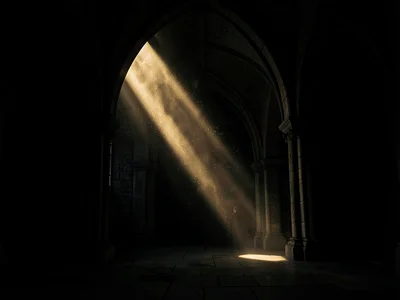 Deep stone vault interior with a single lance of golden light slicing diagonally