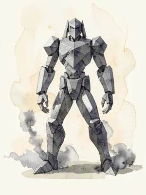 Smoky lowpoly mech walker standing tall with a faceted torso and pistoning legs 