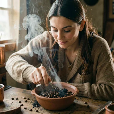 Intimate warm-toned photograph, Woman roasting coffee beans over charcoal in sma