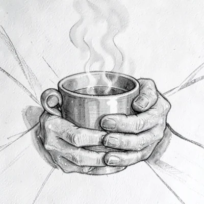 Loose charcoal study of hands wrapping around a steaming mug, soft eraser highli