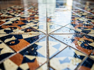 Tile pattern reflected in wet floor surface
