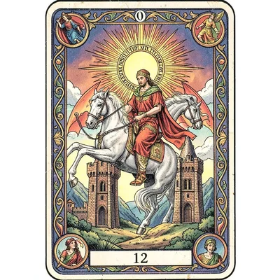 Tarot card illustration, Death on pale horse, sun rising between towers , symbol