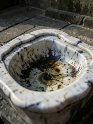 A stone holy water font in a 400-year-old church, the marble rim worn into a smo