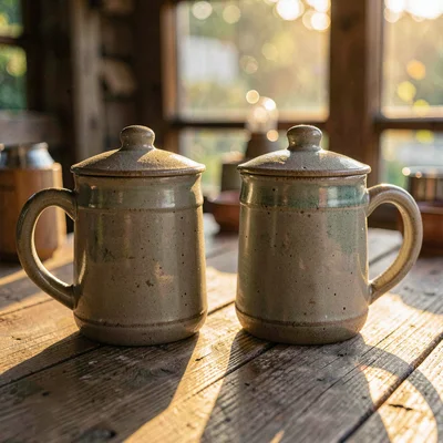 Warm still-life of two stoneware steins on a wooden communal table, golden after