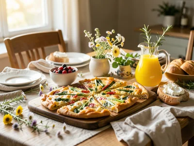A sunlit farmhouse table covered in an Easter brunch spread — a board of sliced 
