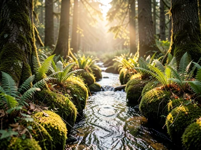 Stream cutting through a mossy forest, ferns unfurling along the banks, dappled 