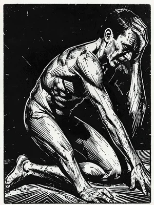 Kneeling figure in anguish, body distorted by sharp diagonal gouges