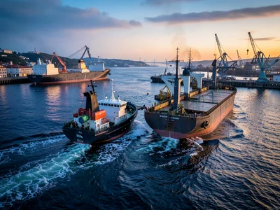 A tugboat guiding a tanker, the size difference dramatic, churning water between
