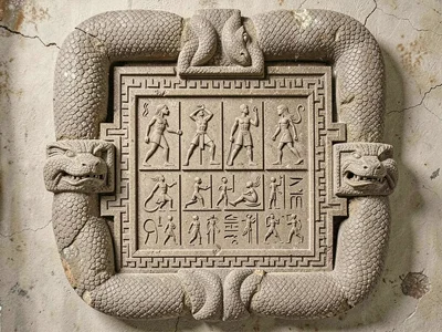 Carved stone relief panel — serpent body forming stepped border frame, close-up