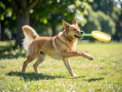 Dog catching a frisbee, the moment of capture stretched across the frame