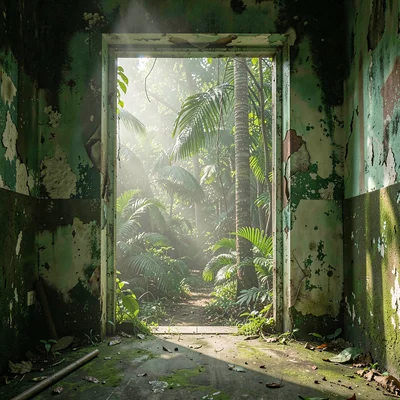 Tropical weathered surfaces, humid atmosphere, A doorway framing jungle beyond, 