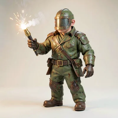 The engineer hoists a sparking welding torch, brass nozzle hissing low, his weld