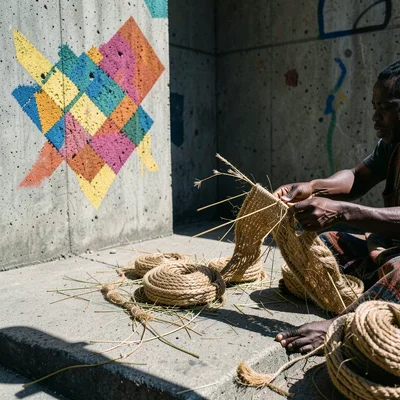 Basket weaving in progress, coiled grass and dyed sisal, artisan's hands visible