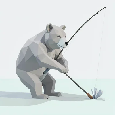 Low-poly illustration, low-poly bear fishing , faceted geometric surfaces, trian