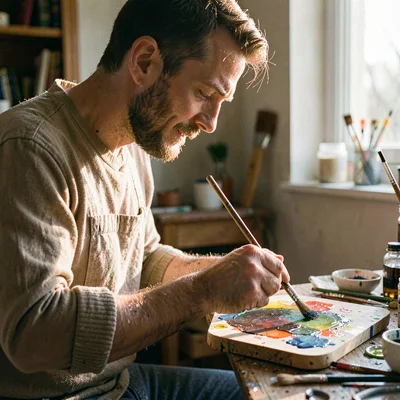 Side-lit portrait of an artist mixing gouache on a wooden palette, sleeve rolled