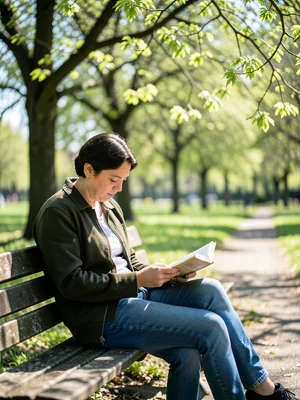 Person sitting on a park bench reading, dappled sunlight through new spring leav