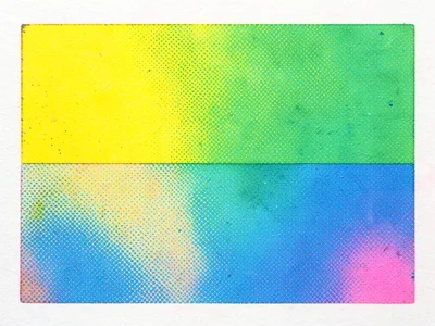 Two-color risograph overprint, yellow and blue creating green in overlap zone, h
