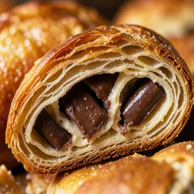 A cross-section of a pain au chocolat showing the chocolate batons embedded in l