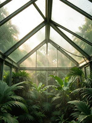 The junction of glass and metal in a greenhouse roof: condensation drops about t