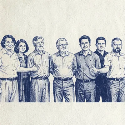 Halftone poster of a row of community figures linked at the elbows in indigo and