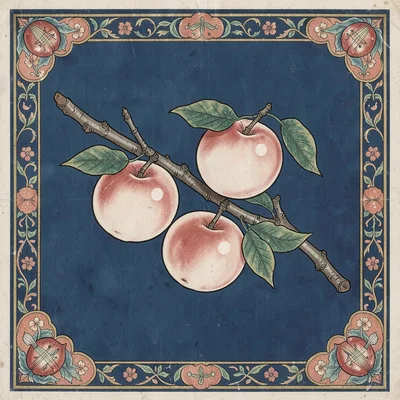 Bat and peach cluster — symbols of fortune — on a deep blue ground