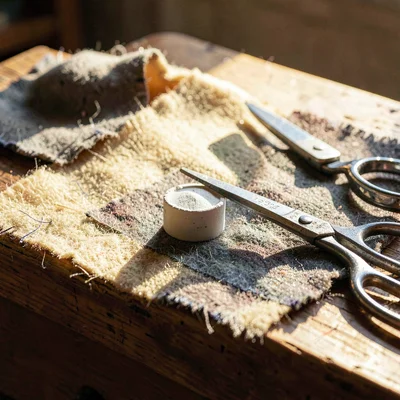 Cozy still life of a tailor's chalk and shears on a wool swatch, warm afternoon 