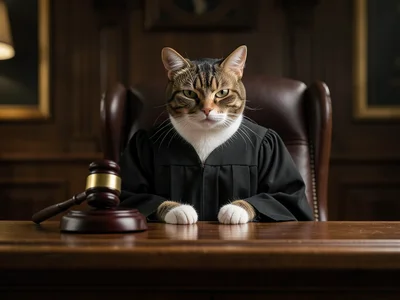 in a judge's robe behind a courtroom bench, gavel nearby, stern expression