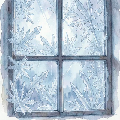 Window frost patterns close-up, intricate crystal formations, cold blue light fr