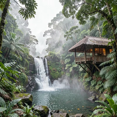 Cloud forest mist layers in Costa Rica, Waterfall cascading into a natural pool,