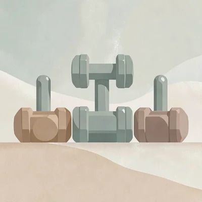 Block-color vector banner of a row of three dumbbells in stepped scale, calm sag