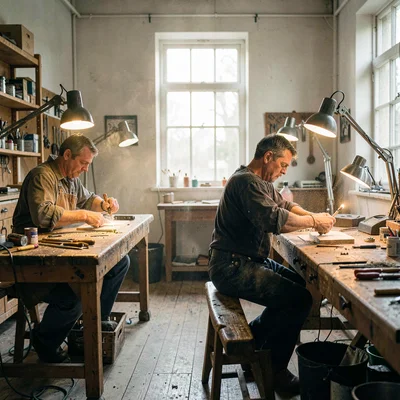 Wide bench-room photo of two gunmakers at long benches, action filing in progres