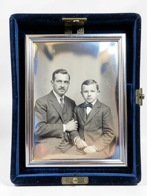 Daguerreotype-style father and child portrait, formal pose, silver tones