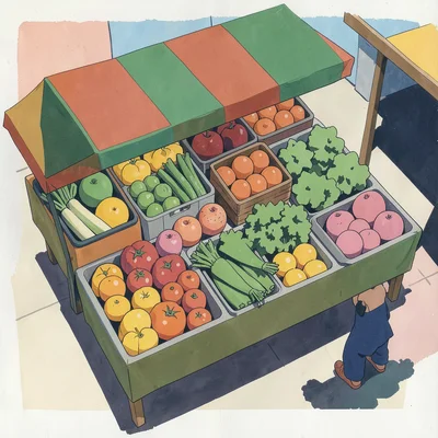 Market stall viewed from above — pure flat shapes of produce and shadows