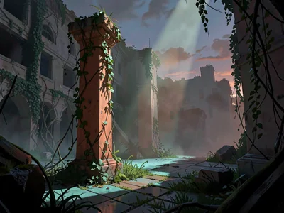 Overgrown ruined plaza at dusk with a single shaft slicing through ivy mist, war