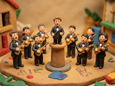 A clay orchestra: tiny musicians in formal wear, each with a miniature instrumen
