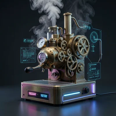 Espresso machine reimagined as a steampunk apparatus with brass gears and pressu