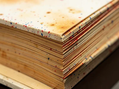 Sprinkled edge decoration, red and blue ink spots scattered across page edges in