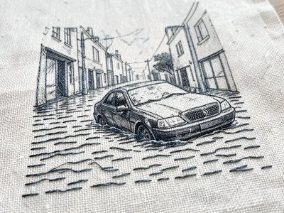 A flooded street with a car half-submerged, the water rendered in long horizonta