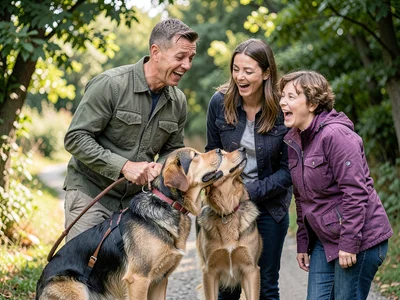 Dog walker whose pet suddenly befriends another dog, owners sharing surprise