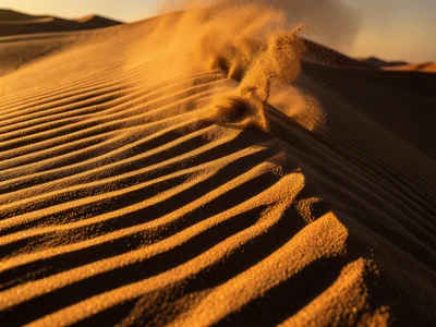 Sand streaming off a dune crest in wind, golden particles flowing like liquid