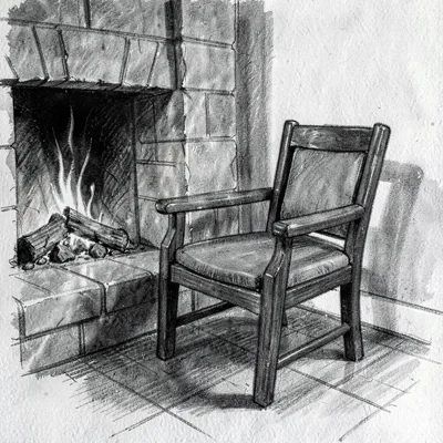 charcoal of a single chair pulled up to a fireplace, deep blacks and ash greys
