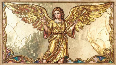 Gold leaf illuminated illustration, angel with trumpet , burnished gold leaf are