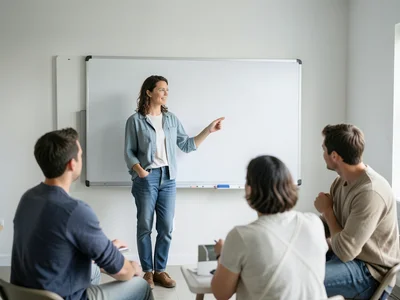 Person presenting at a whiteboard to a small group, casual dress, collaborative 