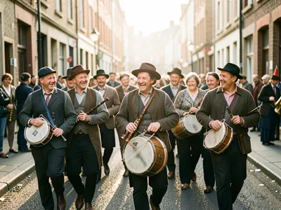 Group of traditional musicians carrying bodhrans and tin whistles walking down a