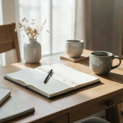 Soft natural light photograph, Journaling at minimalist desk, pen and notebook, 